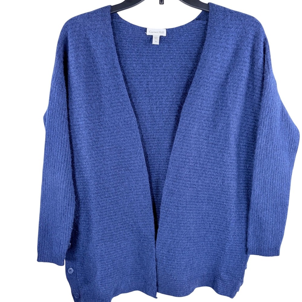 Garnet Hill 100% Cashmere Coatigan Sweater Womens M Blue Open Front Side Button